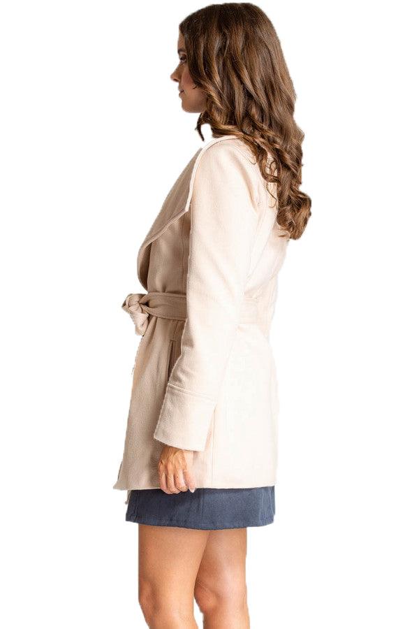 Women's Beige Wide Collar Wrap Coat with Tie-on Belt