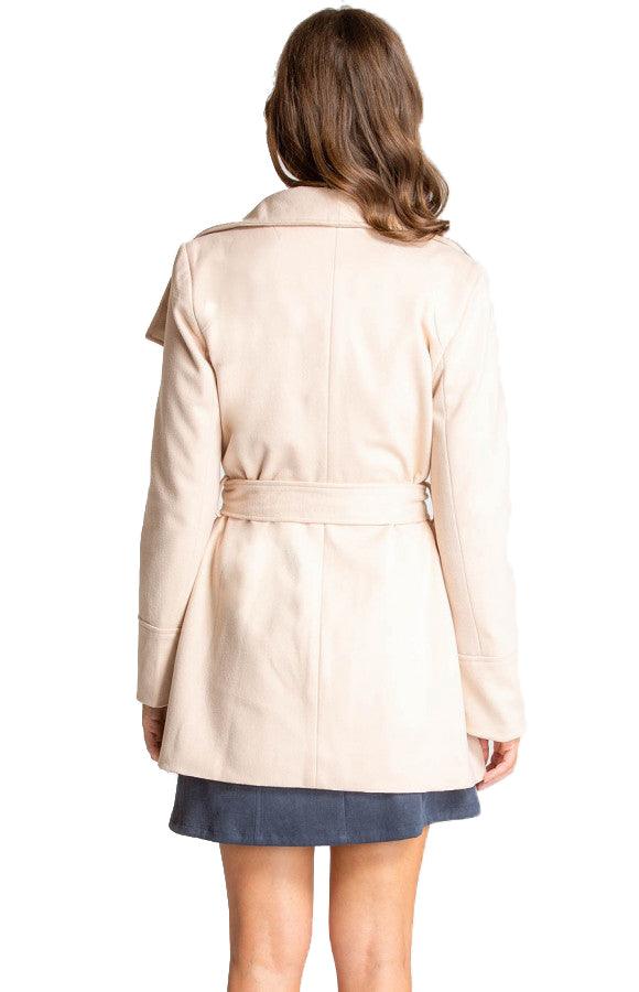 Women's Beige Wide Collar Wrap Coat with Tie-on Belt