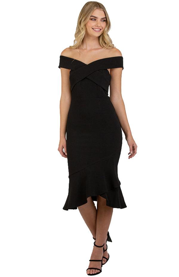 Women's Black Bodycon Off Shoulder with Cross Front Detail Dress - Threads N Trends