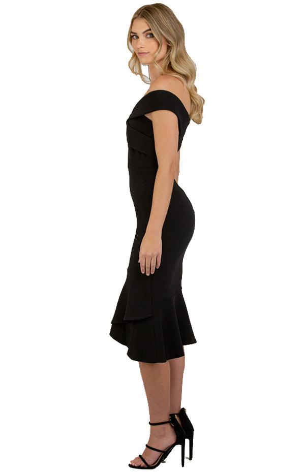 Women's Black Bodycon Off Shoulder with Cross Front Detail Dress - Threads N Trends