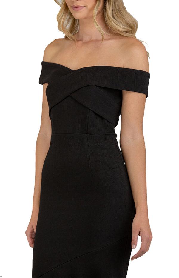 Women's Black Bodycon Off Shoulder with Cross Front Detail Dress - Threads N Trends