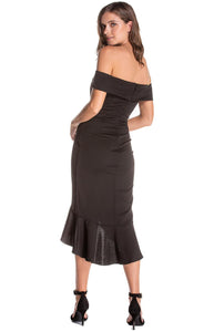 Women's Black Off Shoulder Sweetheart Neckline Bodycon Dress With Ruffle