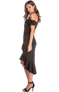Women's Black Off Shoulder Sweetheart Neckline Bodycon Dress With Ruffle