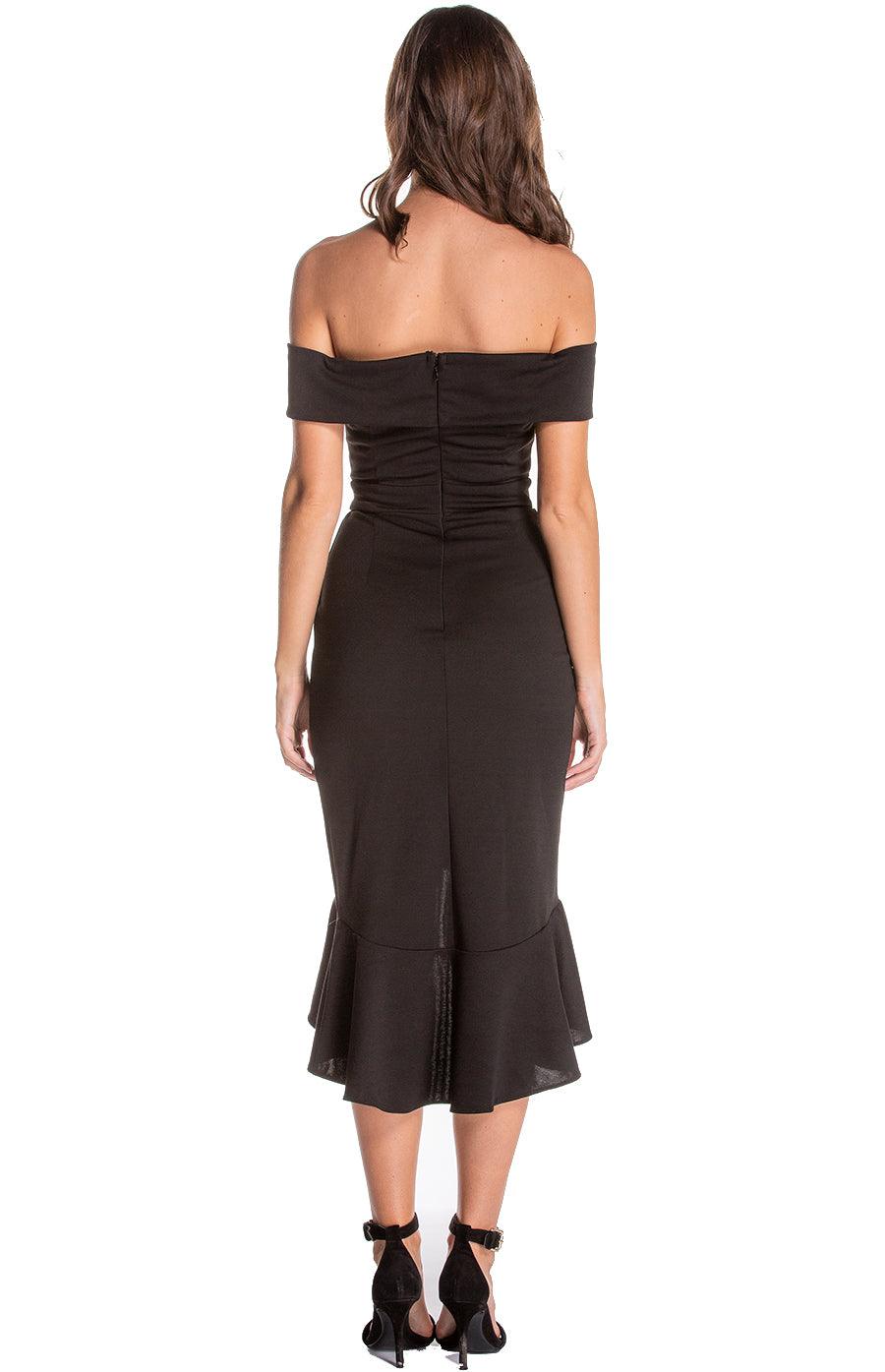 Women's Black Off Shoulder Sweetheart Neckline Bodycon Dress With Ruffle