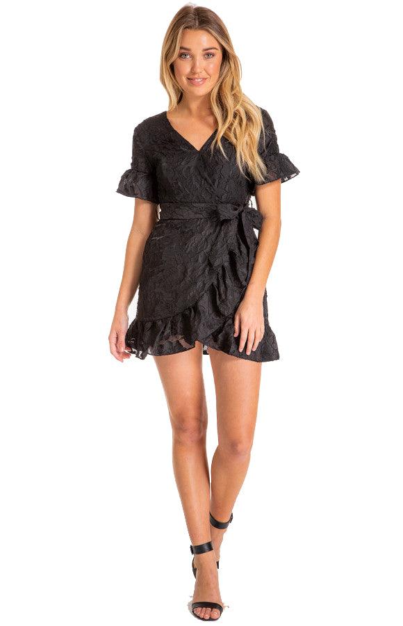 Women's Black Black Embroidery Mini Dress with Ruffle Detail