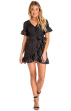 Load image into Gallery viewer, Women&#39;s Black Black Embroidery Mini Dress with Ruffle Detail