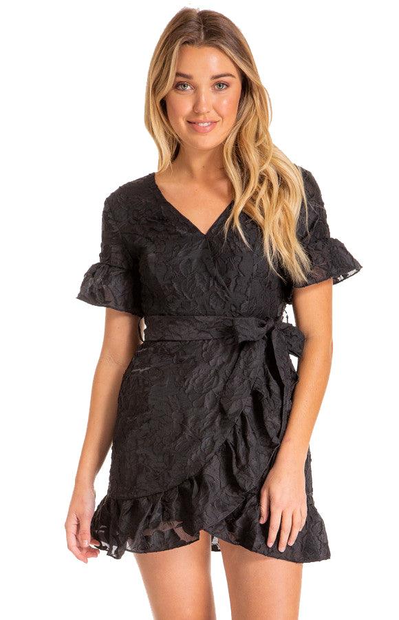 Women's Black Black Embroidery Mini Dress with Ruffle Detail