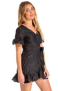 Women's Black Black Embroidery Mini Dress with Ruffle Detail