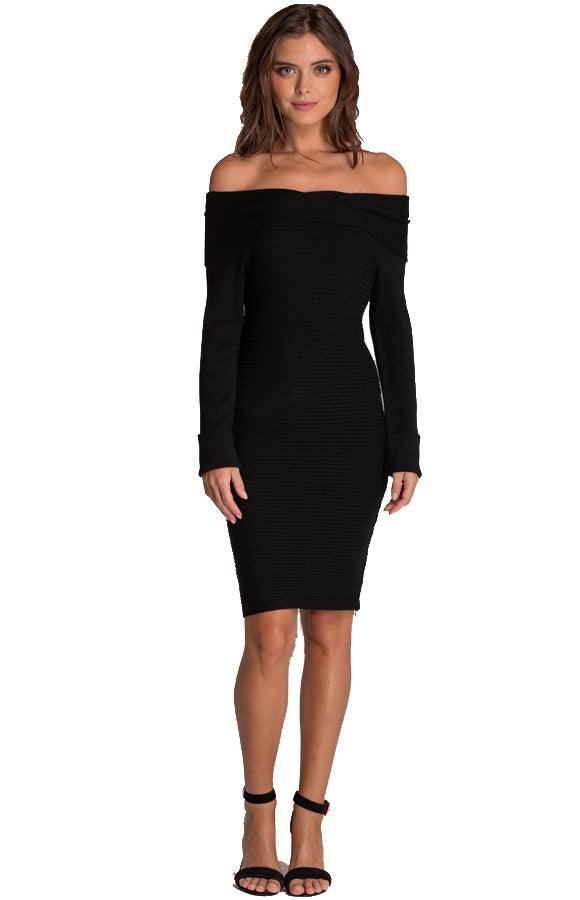 Women's Off Shoulder Black Fitted Knit Sweater Long Sleeve