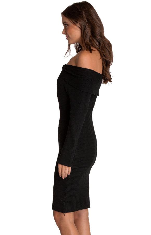 Women's Off Shoulder Black Fitted Knit Sweater Long Sleeve