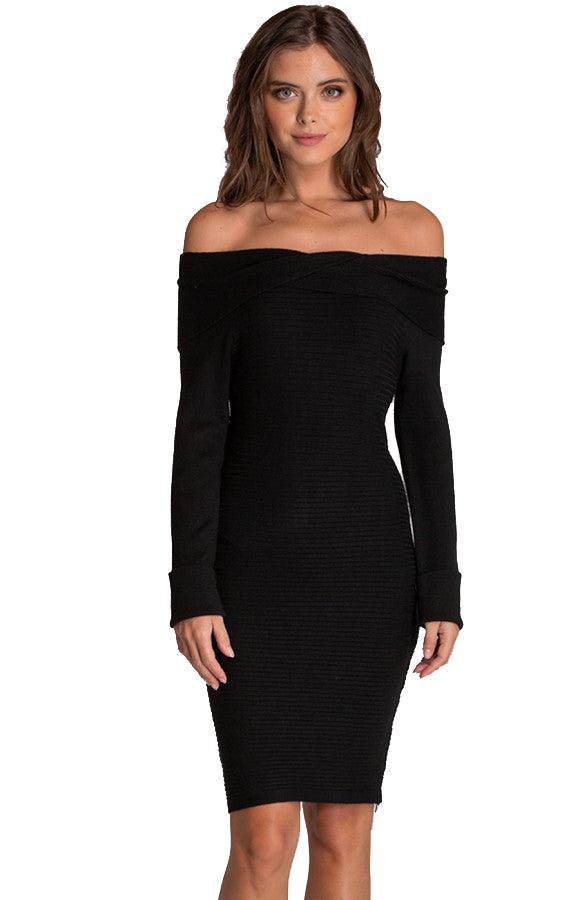 Women's Off Shoulder Black Fitted Knit Sweater Long Sleeve