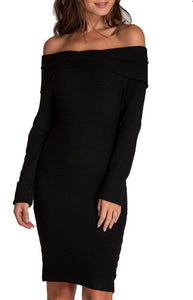 Women's Off Shoulder Black Fitted Knit Sweater Long Sleeve