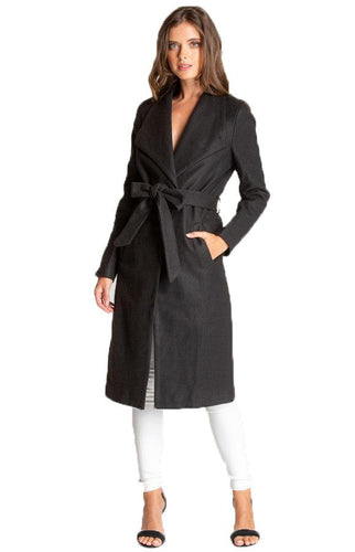 Women's Black Long Soft Lapel Wrap Overcoat with Belt Detail