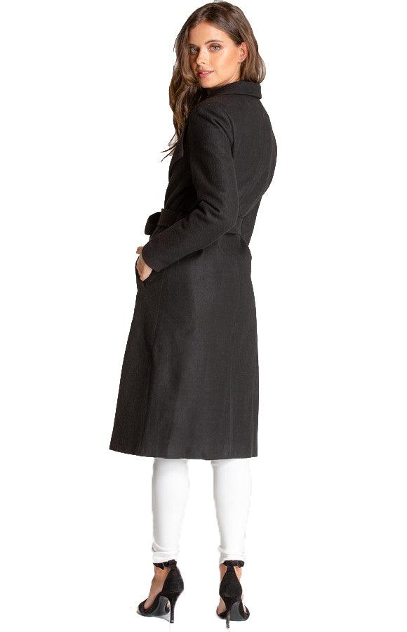 Women's Black Long Soft Lapel Wrap Overcoat with Belt Detail