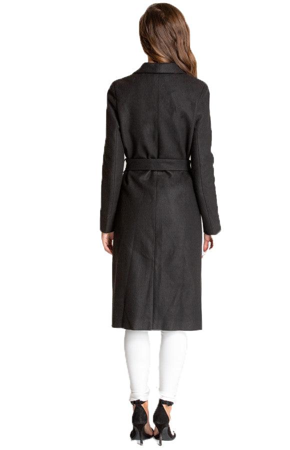 Women's Black Long Soft Lapel Wrap Overcoat with Belt Detail
