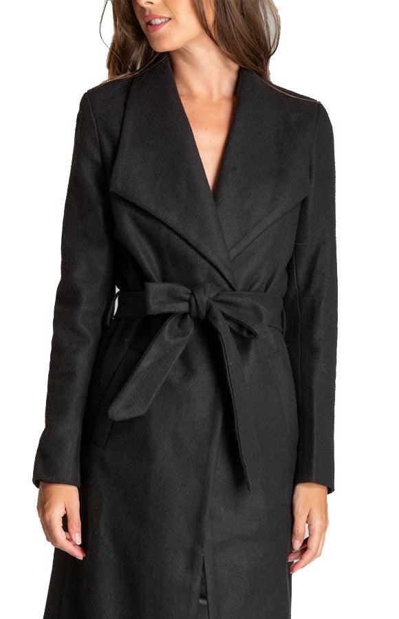 Women's Black Long Soft Lapel Wrap Overcoat with Belt Detail