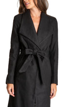 Load image into Gallery viewer, Women&#39;s Black Long Soft Lapel Wrap Overcoat with Belt Detail