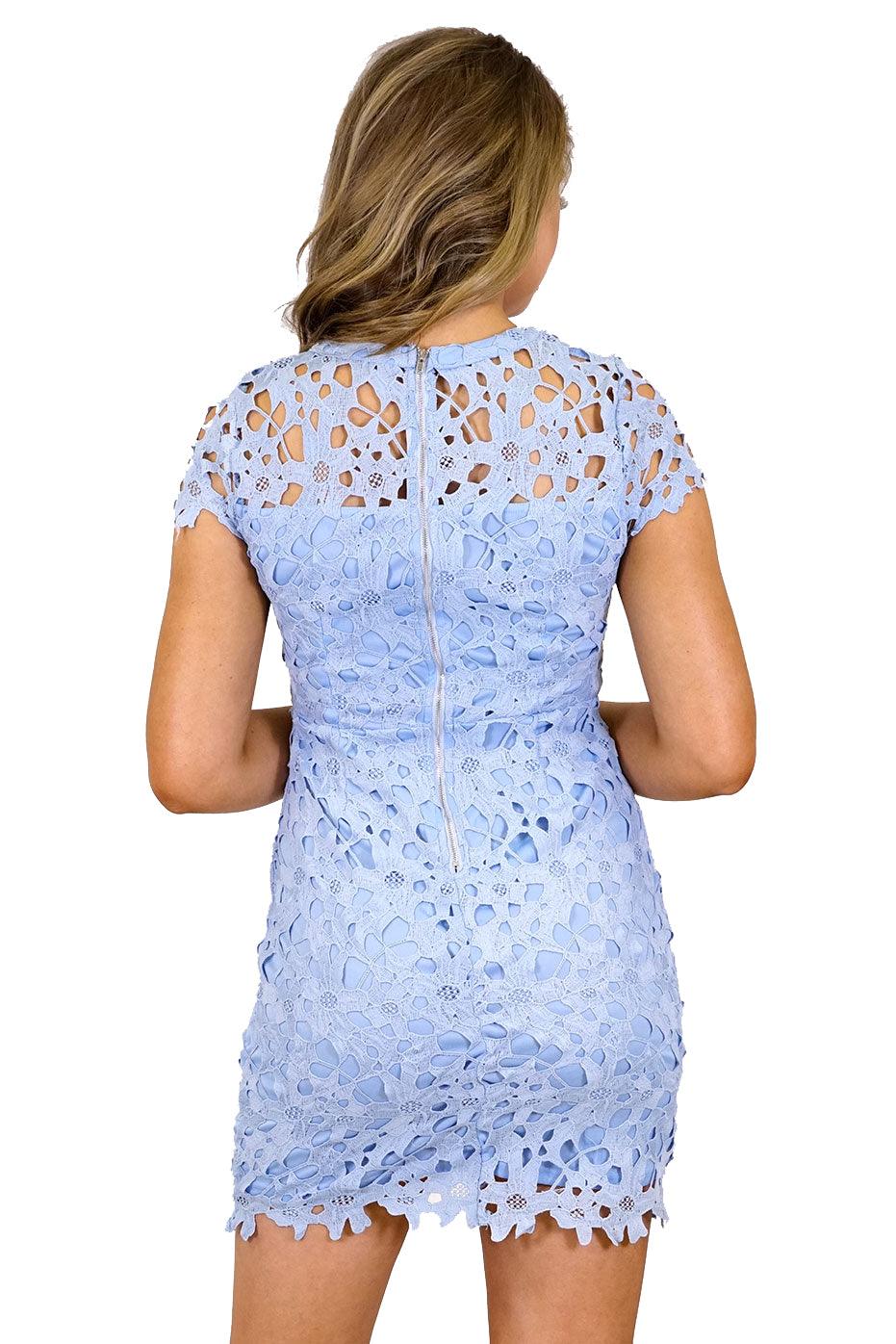 Women's Blue Heavy Lace Embroidery Dress with Strapless Bodycon