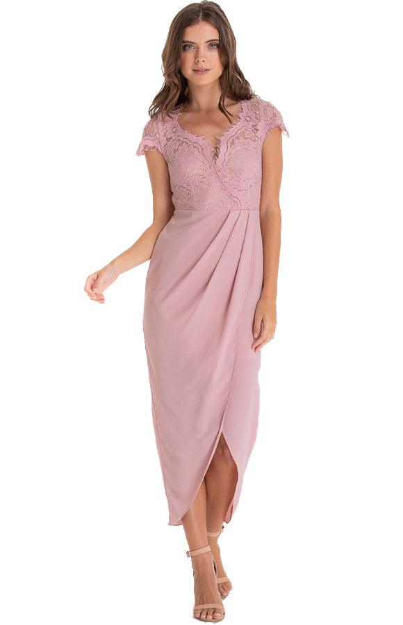 Women's Blush Asymmetric Hemline Dress with Embroidery Lace Top