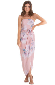 Women's Blush Floral Strapless Dress With Tie-on Ribbon Belt