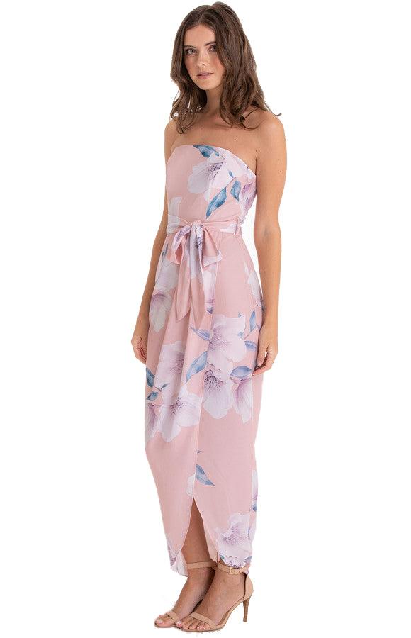 Women's Blush Floral Strapless Dress With Tie-on Ribbon Belt