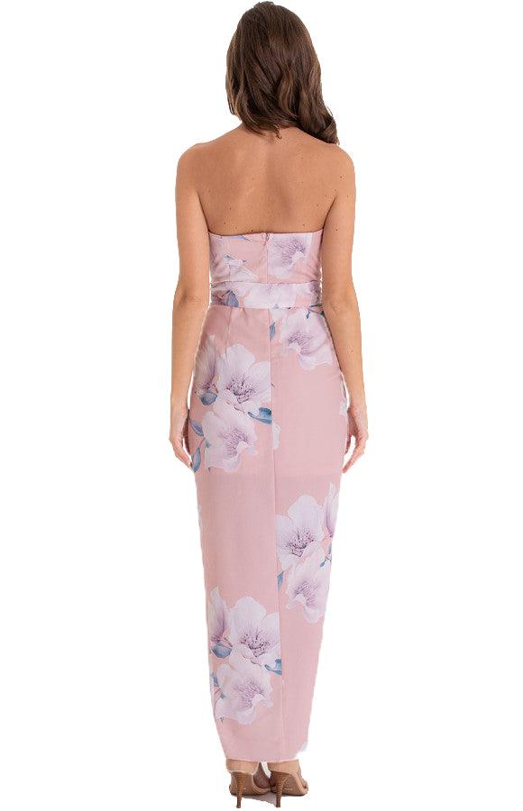 Women's Blush Floral Strapless Dress With Tie-on Ribbon Belt