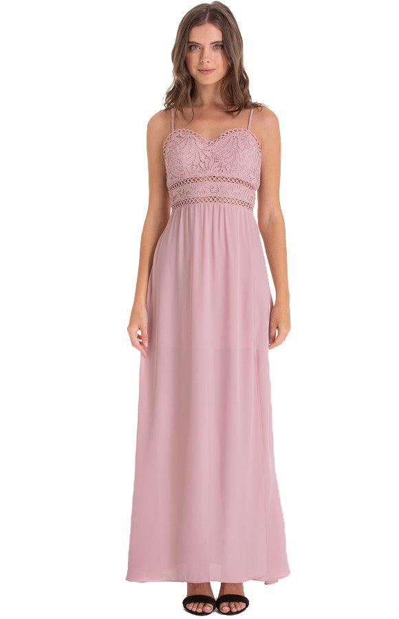Women's Blush Side Split Maxi Dress With Lace and Heart Neckline