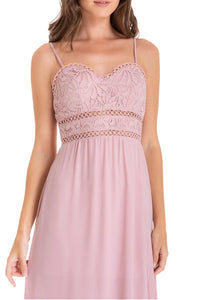 Women's Blush Side Split Maxi Dress With Lace and Heart Neckline