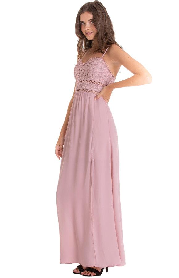 Women's Blush Side Split Maxi Dress With Lace and Heart Neckline