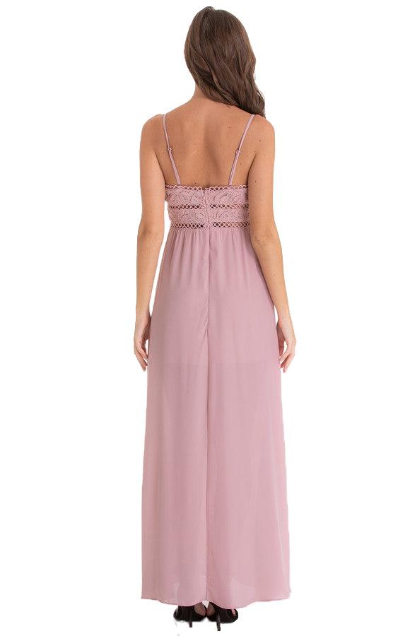 Women's Blush Side Split Maxi Dress With Lace and Heart Neckline