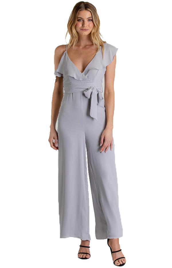 Women's Grey Asymmetrical Shoulder Jumpsuit with Ruffle Details