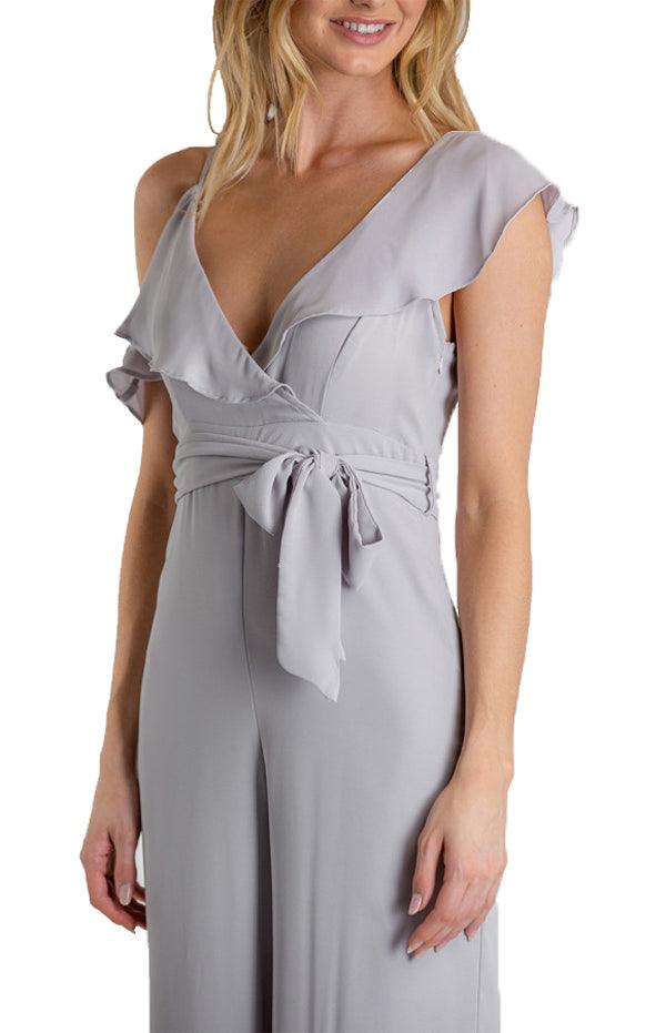 Women's Grey Asymmetrical Shoulder Jumpsuit with Ruffle Details