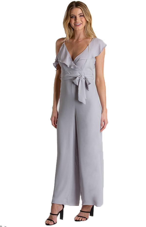 Women's Grey Asymmetrical Shoulder Jumpsuit with Ruffle Details
