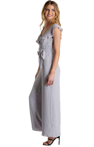 Women's Grey Asymmetrical Shoulder Jumpsuit with Ruffle Details