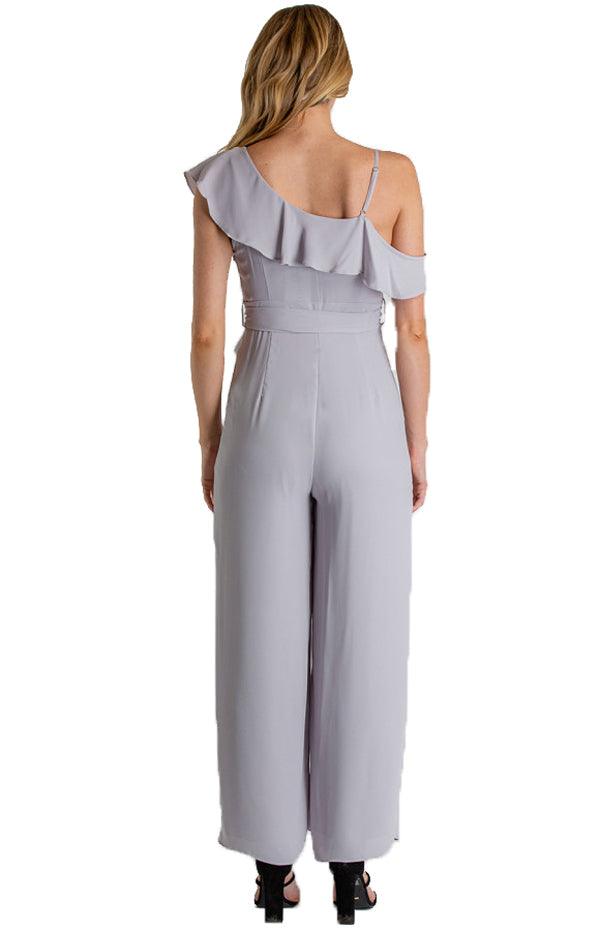 Women's Grey Asymmetrical Shoulder Jumpsuit with Ruffle Details