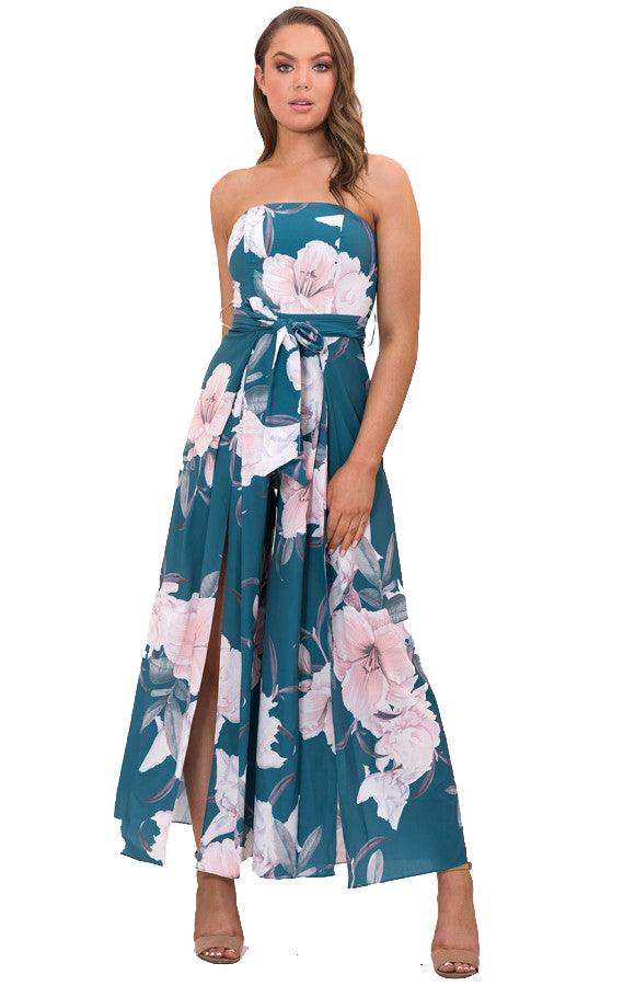 Women's Jade Split Leg Waist Detail Printed Jumpsuit with Square Neck