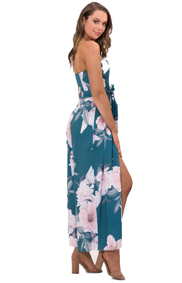 Women's Jade Split Leg Waist Detail Printed Jumpsuit with Square Neck