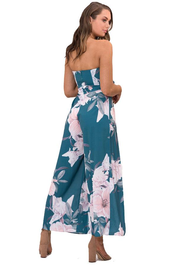 Women's Jade Split Leg Waist Detail Printed Jumpsuit with Square Neck