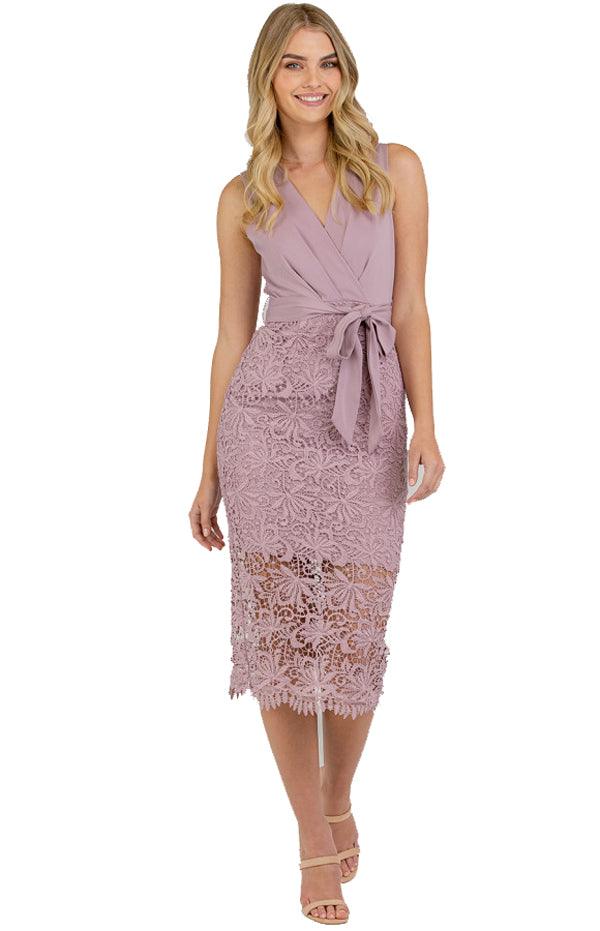 Women's Mauve V-Neckline Lace Contrast Dress with Front Belt Details