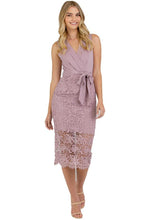 Load image into Gallery viewer, Women&#39;s Mauve V-Neckline Lace Contrast Dress with Front Belt Details