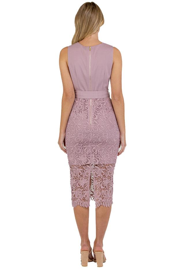 Women's Mauve V-Neckline Lace Contrast Dress with Front Belt Details
