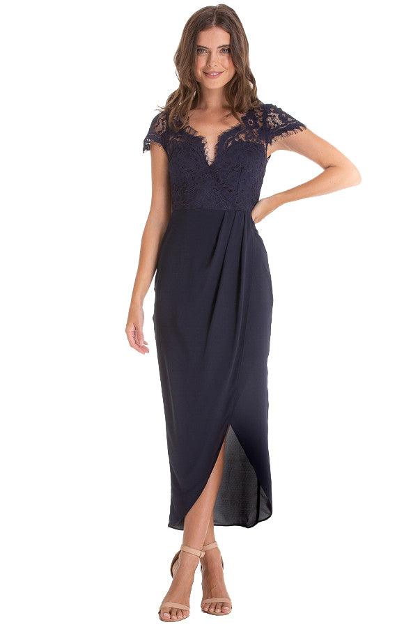 Women's Navy Asymmetric Hemline Dress with Embroidery Lace Top