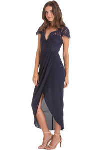 Women's Navy Asymmetric Hemline Dress with Embroidery Lace Top