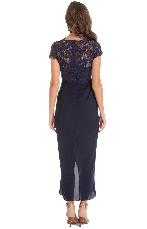 Women's Navy Asymmetric Hemline Dress with Embroidery Lace Top