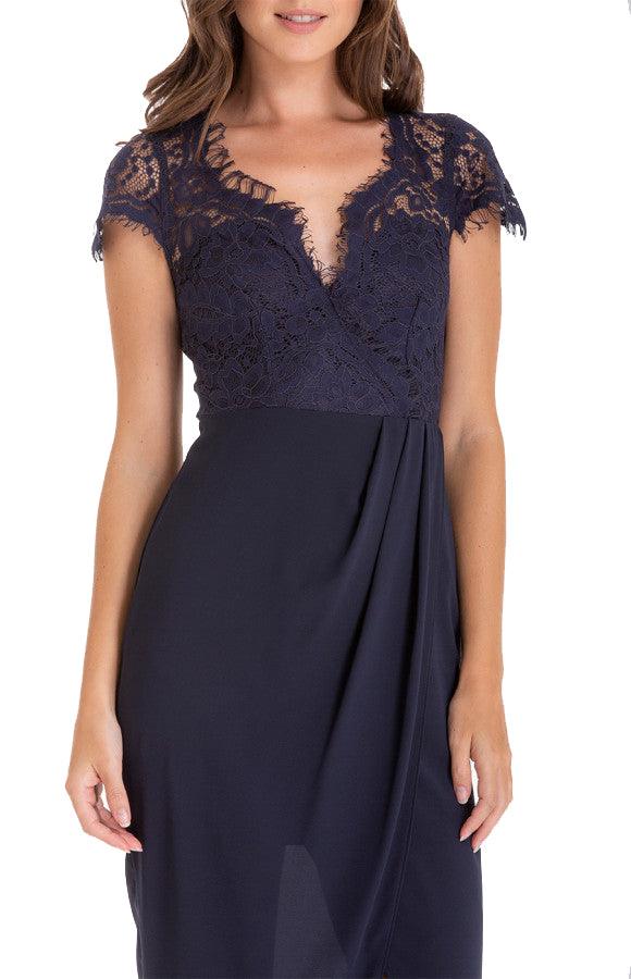 Women's Navy Asymmetric Hemline Dress with Embroidery Lace Top