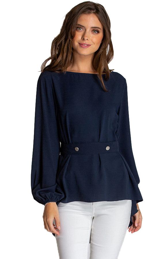 Women's Navy Loose Fit Boat Neckline Blouse With Button Details