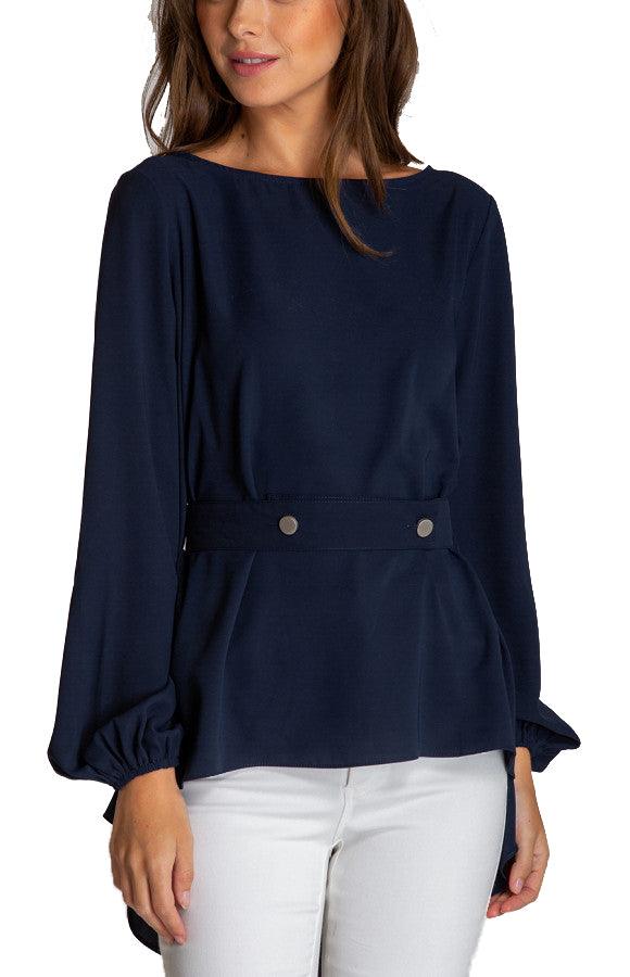 Women's Navy Loose Fit Boat Neckline Blouse With Button Details