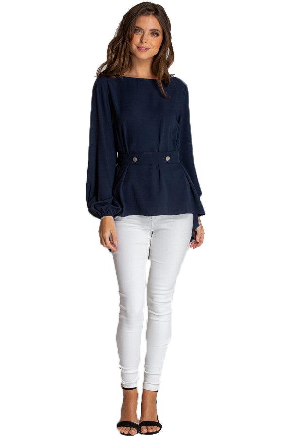 Women's Navy Loose Fit Boat Neckline Blouse With Button Details