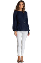 Load image into Gallery viewer, Women&#39;s Navy Loose Fit Boat Neckline Blouse With Button Details