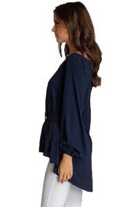 Women's Navy Loose Fit Boat Neckline Blouse With Button Details
